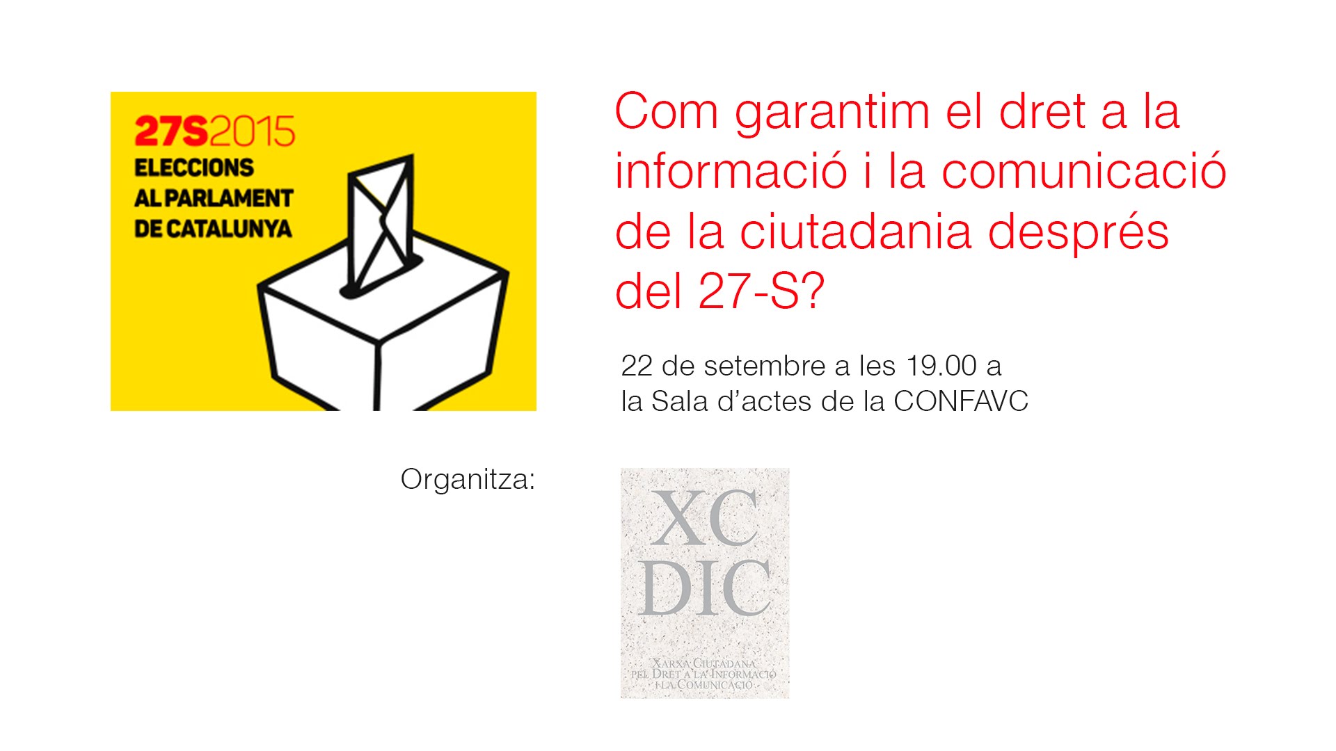  	Streaming ·Com garantim el dret a la informació i la comunicació de...		Sicom TV. Solidaritat i Comunicació.	La Xarxa pel dret a la informació i la comunicació-Xarxa DIC convoca a partits polítics i moviments socials a debatre sobre els drets d·informació i comunicació el 22 de setembre.- Té la societat catalana ben garantit el dret a la informació ?- Els mitjans públics són prou plurals i neutrals? Ho és la CCMA o els mitjans públics locals de Catalunya?- Els mitjans privats han de garantir el dret a una informació veraç i plural?- Com pot participar la societat civil en la gestió dels mitjans?- Com es pot garantir la legalitat i la viabilitat dels mitjans comunitaris?- Com assegurar el dret a l·educació en comunicació de la ciutadania?El proper 27-S la ciutadania de Catalunya elegirà la seua representació al Parlament en una legislatura política marcada per la relació amb Espanya. A l·àmbit espanyol la ·llei mordassa· ha limitat la llibertat d·expressió, el dret a manifestació i també el dret a la informació.