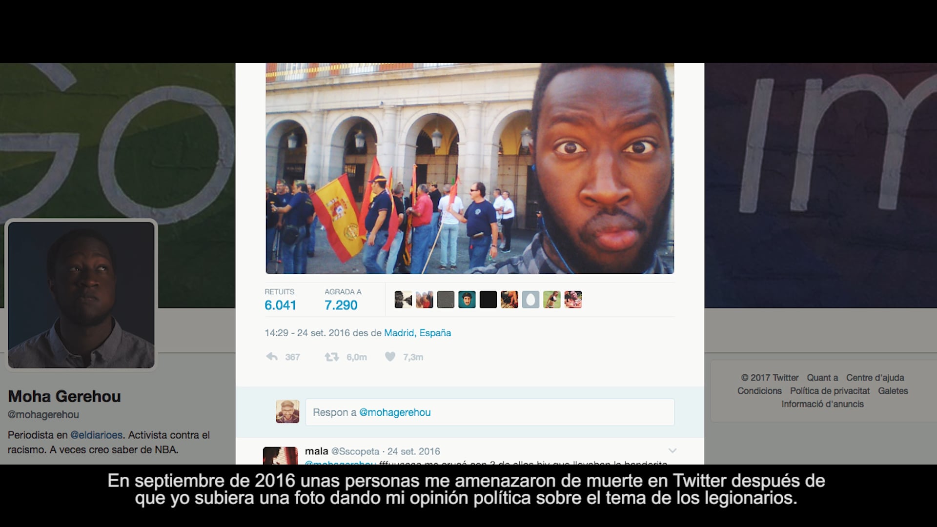 Fins quan tolerarem el racisme i l·odi a les xarxes socials?En Mohammed Gerehou fa mesos que rep insults i amenaces per Twitter. Tot i així, no ha aturat la seva intensa lluita antiracista, des de la presidència de Sos Racismo Madrid i a nivell personal.Davant aquesta situació, cal generar una xarxa de suport a les víctimes, vies efectives de denúncia, i condemna (social, jurídica i política) cap aquests difusors d·odi a les xarxes.#StopRacisme!
