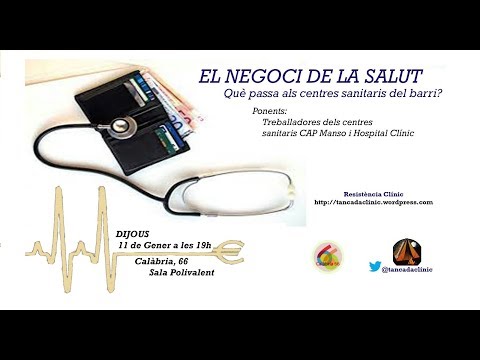 Xerrada a Calàbria 66. Barcelona.
<br/>11 de gener del 2018
<br/>?El negoci de la salut?.
<br/>Què passa als centres sanitaris del barri?
<br/>Ponents:
<br/>Treballadors dels centres sanitaris CAP Manso i Hospital Clínic
<br/>Organitza: Resistència Clínic i Calàbria 66.
<br/>
<br/>Propera mobilització:
<br/>?LA LLISTA D?ESPERA MATA?
<br/>25 de gener, a les 18h, als Jardins del Dr. Duran i Reynals (Porta de l?Hospital Clínic del carrer Casanova)<br/>