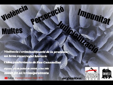 23 de juliol de 2020. Video conferència, dins del marc d·activitats de la FSS a Can Batlló.<br>(de la wikipedia) :<br>...·La criminalización de la protesta o el activismo social es una estrategia del Estado, aplicado por gobiernos o la fuerza pública, que implicaría la modificación y el uso de las leyes para detener y condenar con altas penas a los llamados activistas sociales, manifestándose también en otras medidas que ?fuera de la ley y gradualmente? consistirían en señalar, hostigar, perseguir, encarcelar, y hasta torturar y asesinar a quienes actúan motivados por opciones de vida políticas, comparándolos con delincuentes y/o terroristas.<br>Desde este punto de vista, la detención de activistas pretendería inhibir la protesta social; en sus manifestaciones más extremas constituiría una forma de terrorismo de Estado. Quienes estarían a cargo de inducir a la deslegitimación de los activistas y movimientos sociales serían políticos, jueces, policías y medios de comunicación.<br>Es así que el estado en lugar de ser el garante del ejercicio de derechos, puede terminar siendo quien los restrinja por medio de la actividad legislativa que limiten libertades tales como la de expresión, asociación, manifestación, acceso a la información, etc. ·...<br>