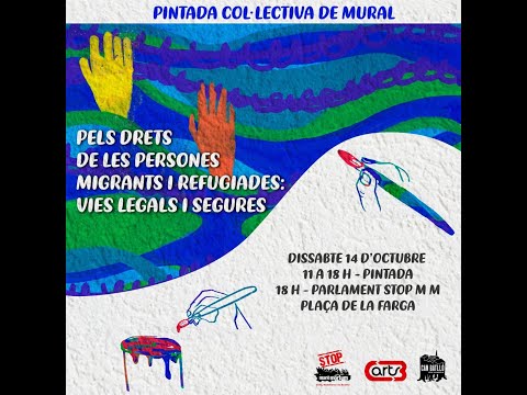 Historia del mural<br>Al 2015 va esclatar la guerra a Síria provocant un allau de persones refugiades sirianes cap a Europa que s?unien a altres refugiats/des d?altres guerres i persecucions que també feien camí travessant la Mediterrània, cercant refugi a Europa.<br>Cap el 2016 va aparèixer a aquest mur de la plaça la Farga un petit mural anònim en el que hi havia dibuixat el nen Aylan Kurdi, trobat ofegat a una platja turca, en un fons de la bandera europea, la fotografia d?Aylan va donar la volta al món.<br>L?any passat, el 2022, el mural va ser vandalitzat. Van tachar la silueta del nen Aylan.<br>Al març d?aquest any veïns i veïnes vàrem refer el petit mural. Una setmana més tard el mural va ser esborrat per l?Ajuntament.<br>Avui Arts CB i SMM SHB fem un mural a tot el mur, 24 metres de llarg, amb la participació de veïns i veïnes.<br>Presentació Arts CB i SMM SHBSMM de SHB varem néixer a l?any 2016 per denunciar les polítiques dels estats de la Unió Europea cap a refugiats i migrants i lluitar per fer efectiva des de la societat civil els drets de les persones.<br>La Declaració Universal dels Drets Humans recull les llibertats i els drets que totes les persones tenim, sense cap mena de distinció.Però tant la Unió Europea i els seus estats membres com Espanya incompleixen el DDHH de forma greu i reiterada. <br>En particular pel que fa al: ARTICLE  131. Tota persona té dret a circular lliurement i a triar la seva residència dins les fronteres de cada estat.ARTICLE  141. En cas de persecució, tota persona té dret a cercar asil i a beneficiar-se·n en d·altres països.<br>Arts CBForma part de l?Ass. CB és del barri.Arts CB treballa en projectes artístics al barri, a la ciutat i arreu a on es faci falta el seu art.Temàtica solidaria i en les lluites ciutadanes per aconseguir un mon a on totes puguem viure amb dignitat.<br>Motivació Es calcula que en els darrers 10 anys, des del 2012, més de dos milions de persones s·han llençat a la mar mediterrània des de la riba sud en embarcacions completament precàries cercant entrar a Europa per trobar refugi i condicions dignes de viure.<br>D?aquests més de dos milions, unes 28.000 persones consten com a desaparegudes ofegades al mar. Moltes altres persones, milers, s?han ofegat sense que es tingui cap noticia ni registre del naufragi. Són els anomenats ?naufragis silenciosos?.<br>Les polítiques europees envers el refugi i la migració és pagar mils de milions d?euros als països de l?Orient Mitja i del nord d?Àfrica per a que abordin les petites embarcacions carregades de persones per retornar-les a la costa africana.Es tenen documentats atropellaments d?embarcacions carregades de persones per vaixells guardacostes libis.Tan mateix l?UE finança camps de concentració a aquests països a on la vida de les persones no val res, extorsions, esclavatge, violència sexual.<br>Per altra banda els països de l?UE posen infinitat de traves legals als vaixells de la societat civil que rescaten persones a la Mediterrània com al vaixell d?Open Arms de Badalona.  Pel que fa a les persones que arriben a l?estat espanyol, l?Organització Internacional de les Migracions senyala que al darrer any, 2022, a la ruta d?Àfrica occidental a les illes Canàries a l?Atlàntic han mort ofegades 561 persones i són 45 persones mortes intentant saltar les tanques a Ceuta i Melilla.  Origen-viatge-arribada.Diem Vies legals i segures per a migrants i refugiats. Riduan kabouri18 anys, Tinghir, Marroc.Viatge en pastera de Tànger a Tarifa durant 29 hores, setembre 2017<br>El mar estava molt encrespat.Cridàvem i ploràvem, pensàvem que bolcaríem.Dúiem tota la nit a la deriva. No sabíem on érem, però veiem una costa a la llunyania.Ara cridàvem de por i alegria alhora. Per fi terra!Les ones seguien movent la pastera fins que vam bolcar.Va ser molt ràpid. Jo duia el salvavides.Exhaust, nedava com podia i el corrent em va dur a la platja.Era de nit, la nit més negra de la meva vida, i mort de por vaig trepitjar Europa.<br>stopmaremortumshb@gmail.com