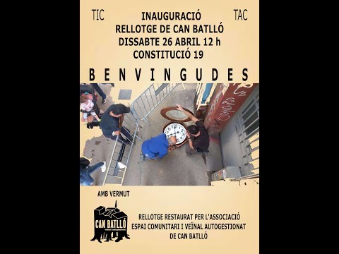 <div>Rellotge restaurat per l'AECVA CB</div><div><br></div><div>L'Associació fem tot tipus d'activitats a les naus que tenim cedides per l'Ajuntament.</div><div><br></div><div>Des de circ, Biblioteca, taller d'Arts, la garrofera cooperativa d'alimentació ecològica i de proximitat, del camp a la cuina sense intermediaris, escola Arcàdia, ball de sevillanes, club de ping-pong, concerts solidaris i un llarga llista de activitats que no la acabem.</div><div><br></div><div>També l'Associació rehabilitem, com ara aquest rellotge centenari.</div><div>Des de juny del 2011 estem rehabilitant lo imprescindible per transformar les naus i poder fer les activitats.</div><div>Aigua, llum, banys, sanejament i pintura, seguretat, accessibilitat.</div><div><br></div><div>Totes aquestes feines amb treball voluntari i comunitari.</div><div><br></div><div>L'Ajuntament ha fet la rehabilitació integral de la cantina, també un espai cedit a l'Associació.</div><div>Falta la rehabilitació integral de les naus que ja estan plenes de vida i projectes. Eficiència energètica, espais adaptats a totes les mobilitats de les persones, sostres, etc.</div><div>També falta per rehabilitar el bloc 11 sud, la façana que dona al parc fins a la Gran Via, també cedit a l'Associació.</div><div>Aquest bloc està completament abandonat, fa unes poques setmanes van venir els bombers per un foc que es va declarar.</div><div><br></div><div>Endavant!</div><div><br></div><div>Parlen Toni Piñeiro de la Comissió d'Infraestructures i Joan Molina, mestre rellotger i soci de l'Associació que va tenir la iniciativa de la restauració.</div><br/>
